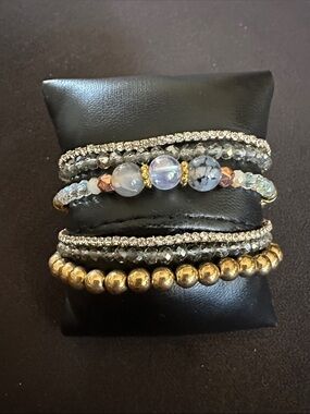 Multistrand Beaded Bracelet Stack with Gold Accents - Gray & Iridescent